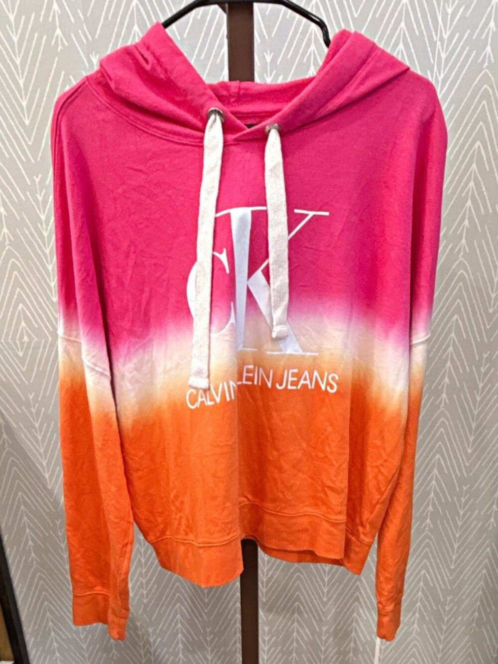 Calvin Klein Jeans Women's XL Pink Orange Tie-Dye Fleece Pullover Hoodie
